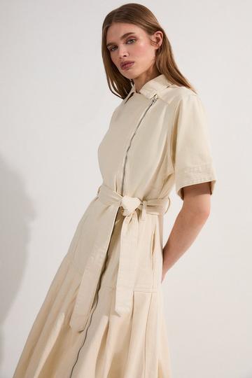 Petite Denim Pleated Hem Biker Dress cream