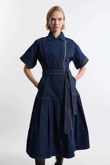 Petite Denim Pleated Hem Biker Dress dark wash