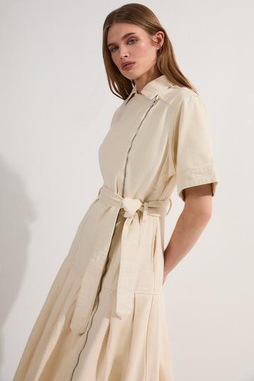 Cream White Denim Pleated Hem Biker Dress