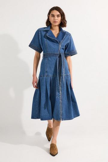 Denim Pleated Hem Biker Dress mid blue