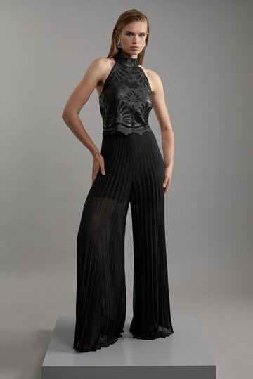 Petite Cutwork Halter Neck Pleated Wide Leg Jumpsuit black