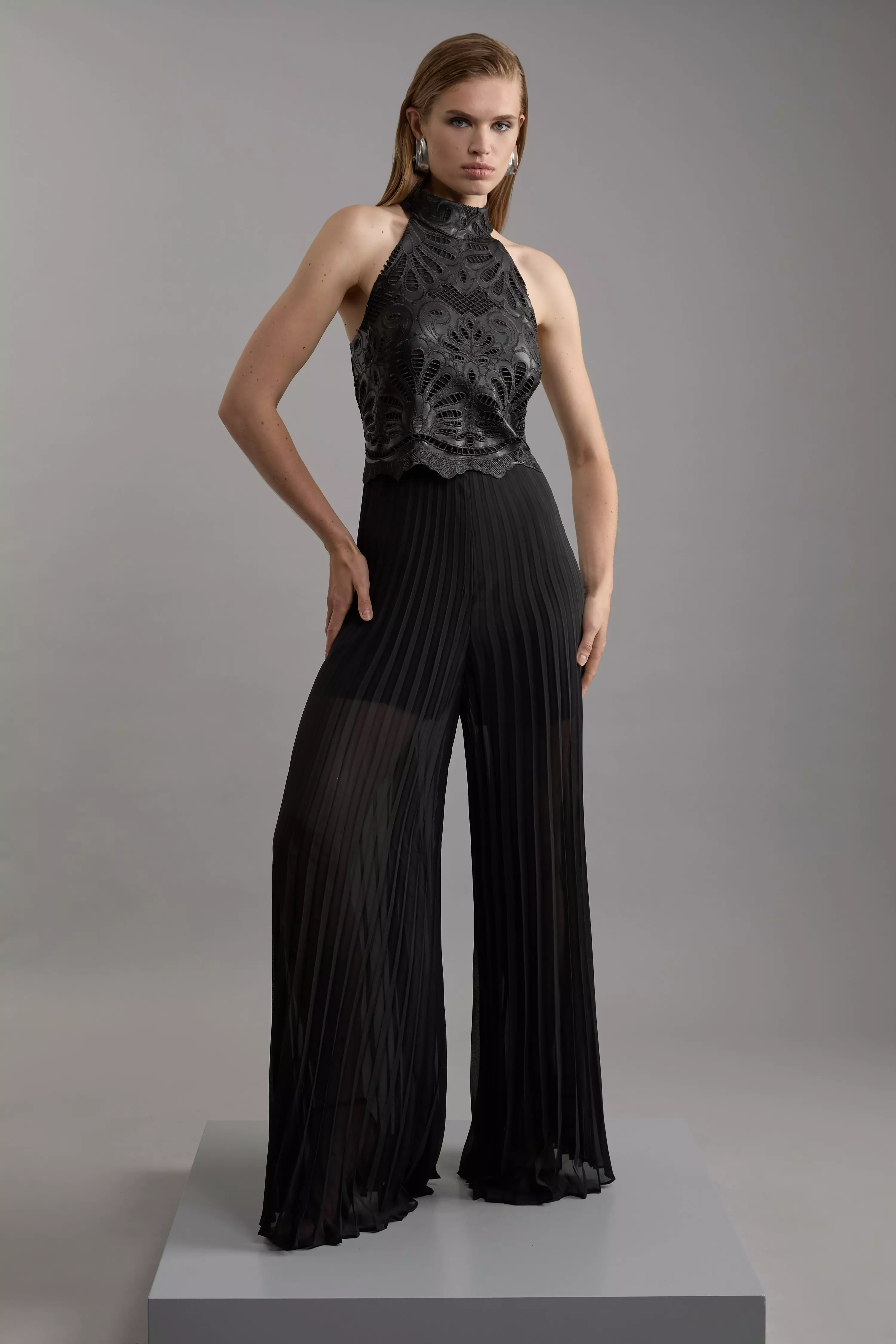 Petite Cutwork Halter Neck Pleated Wide Leg Jumpsuit Karen Millen