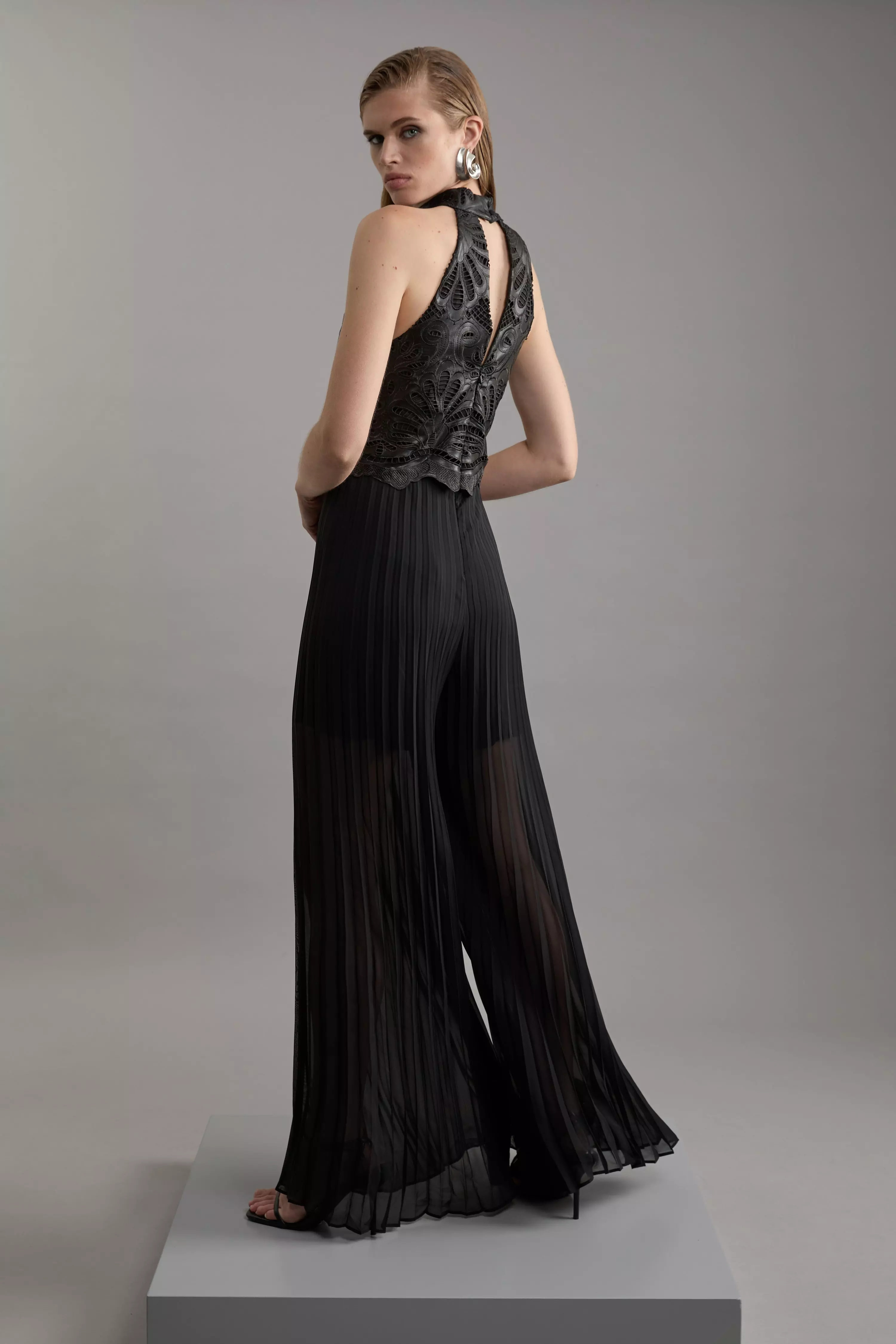 Petite Cutwork Halter Neck Pleated Wide Leg Jumpsuit | Karen