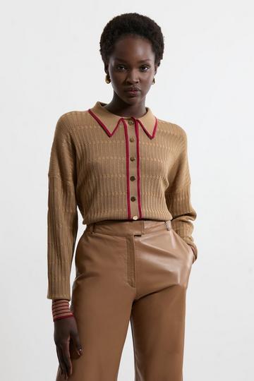 Viscose Blend Knit Preppy Stitch Detail Cardigan camel