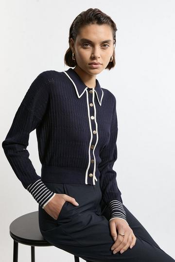 Viscose Blend Knit Preppy Stitch Detail Cardigan navy