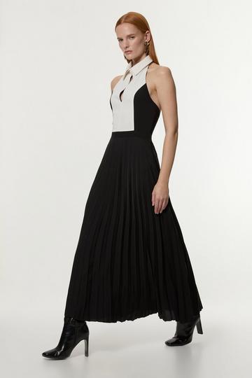 Contrast Detail Full Skirt Tailored Midi Dress mono