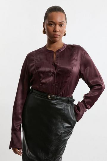 The Founder Plus Size Satin Pintuck Woven Blouse chocolate