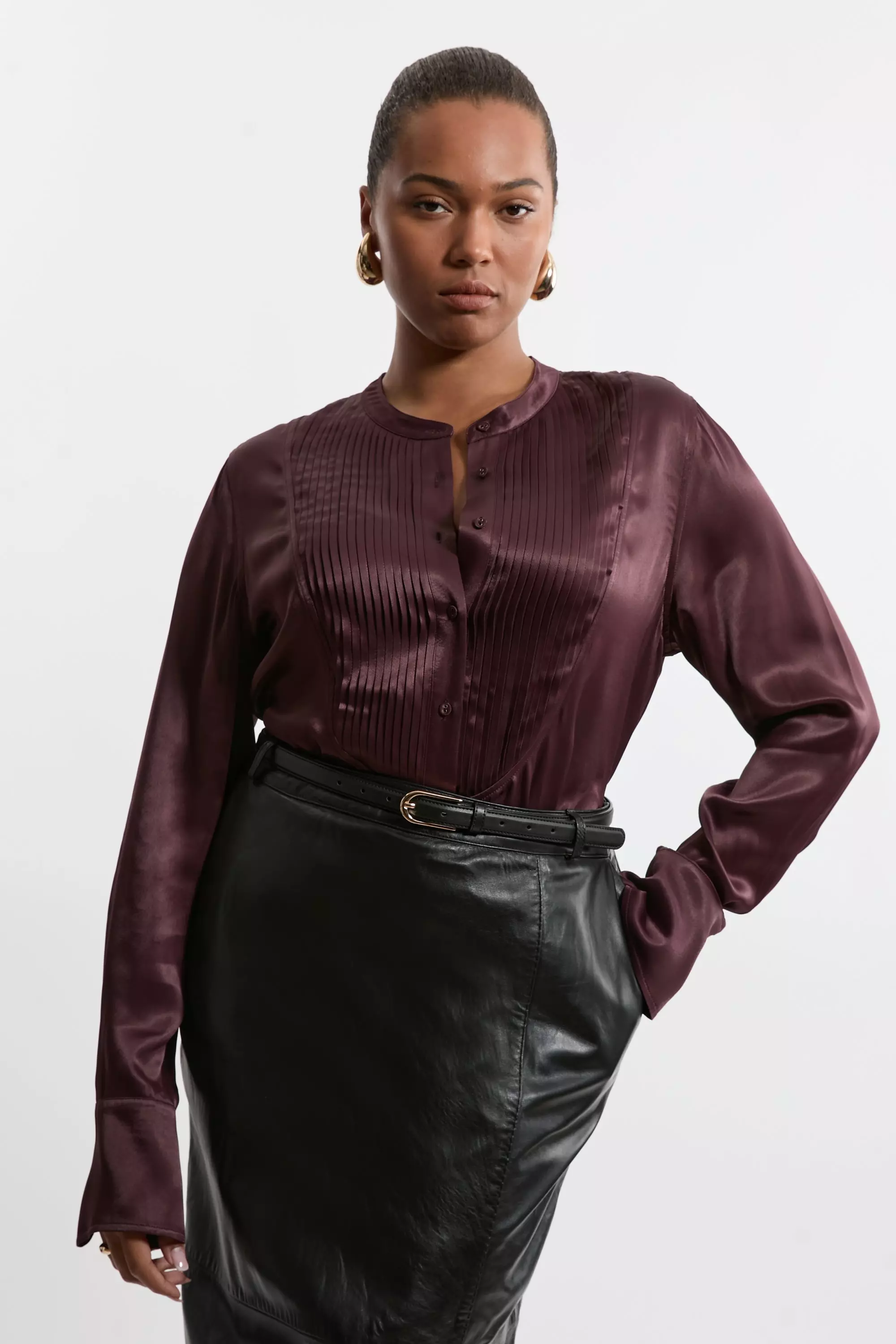 Chocolate The Founder Plus Size Satin Pintuck Woven Blouse  alternative image