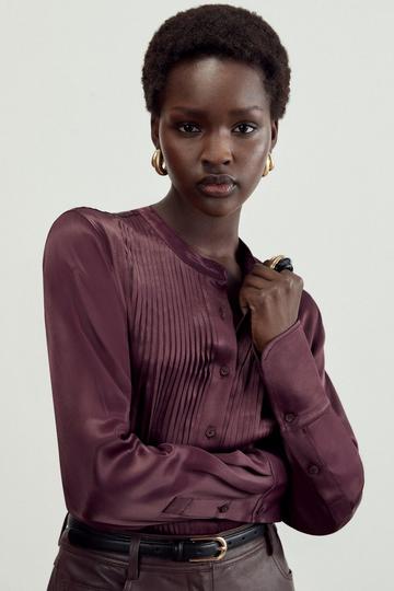 The Founder Satin Pintuck Woven Blouse chocolate