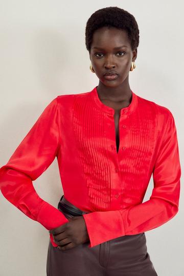 The Founder Satin Pintuck Woven Blouse red