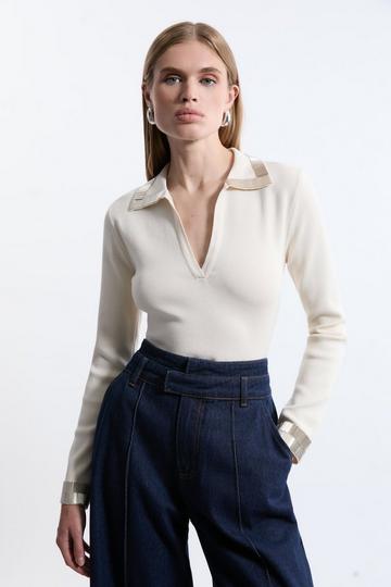 Cream White Embellished Collar And Cuff Viscose Blend Knit Polo Top