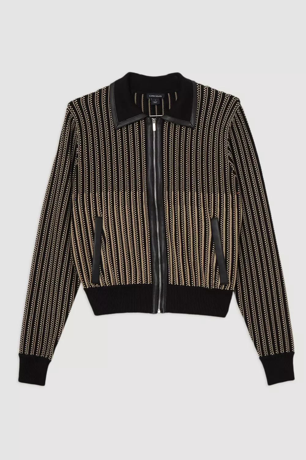 Camel Shrunken Jacquard Knit Jacket Pu With Collar alternative image
