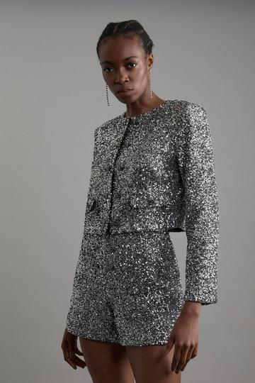 Tailored Sequin Cropped Blazer gun metal