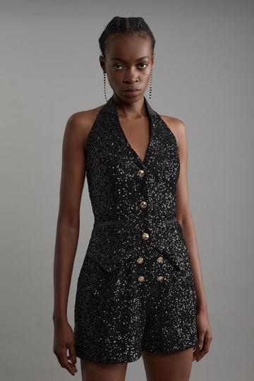 Tall Sequin Halter Neck Waistcoat black