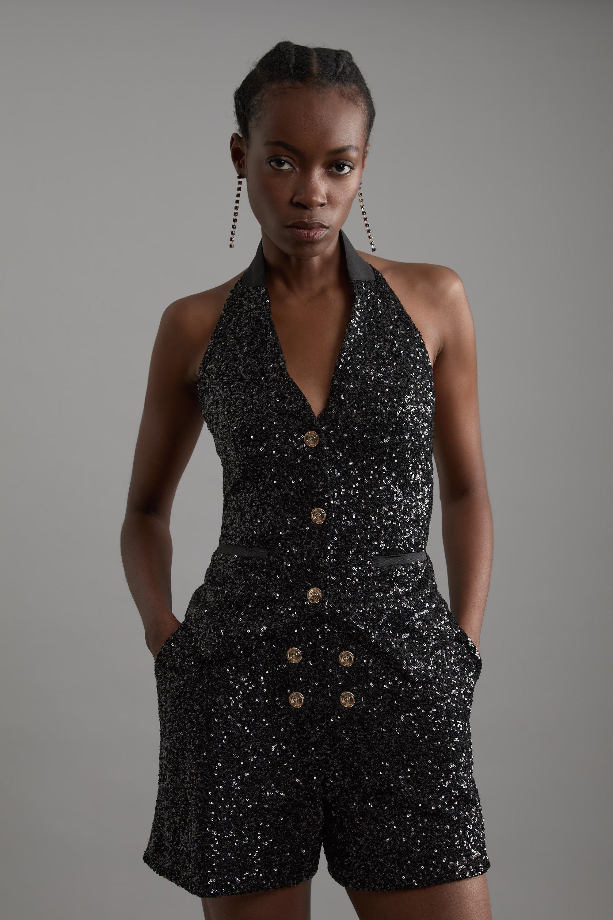 Black Sequin Halter Neck Waistcoat 