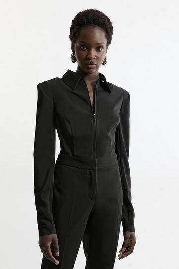 Black Compact Stretch Woven Shirt With Zip Detail