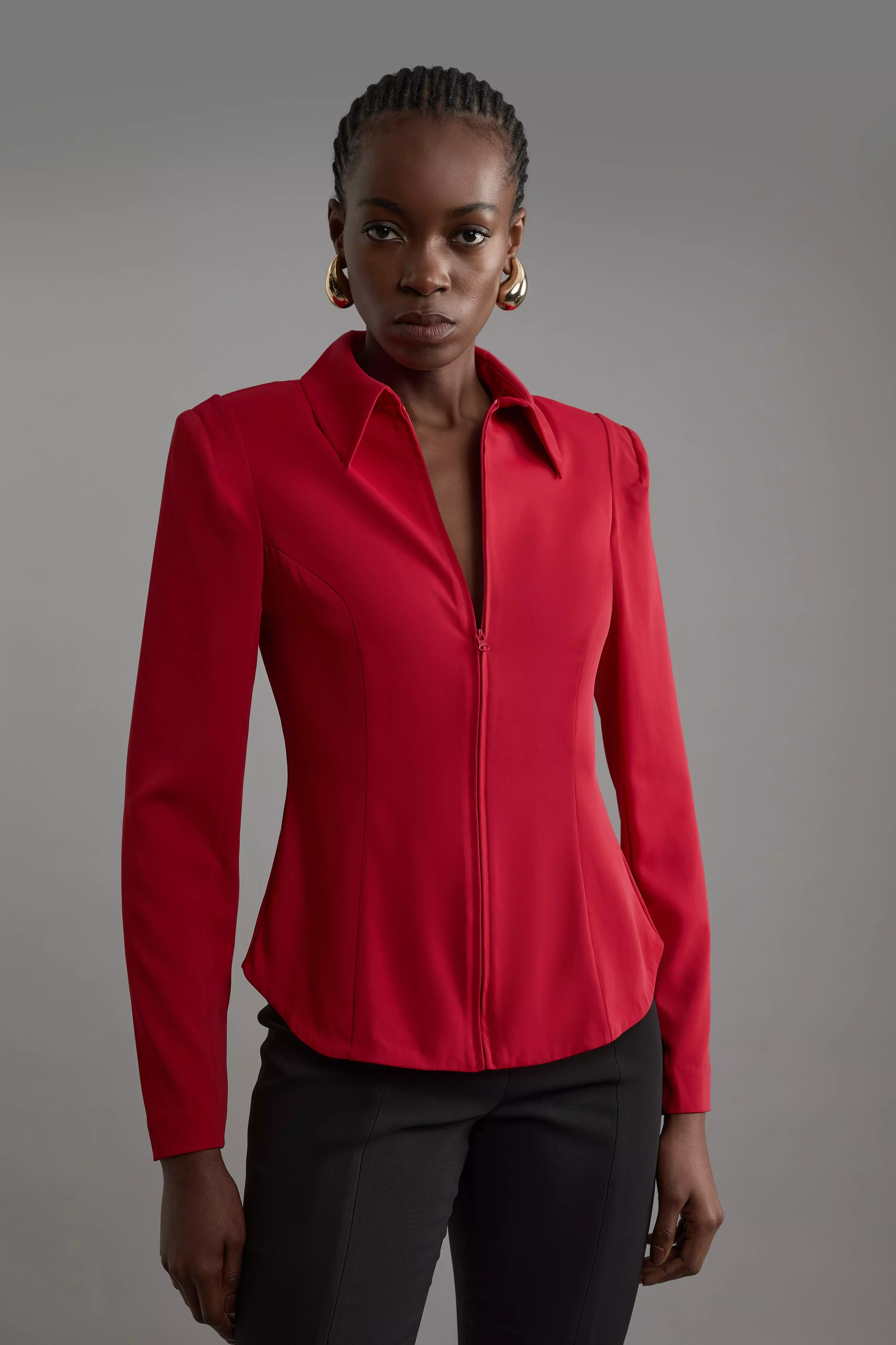 Compact Stretch Woven Shirt With Zip Detail | Karen Millen
