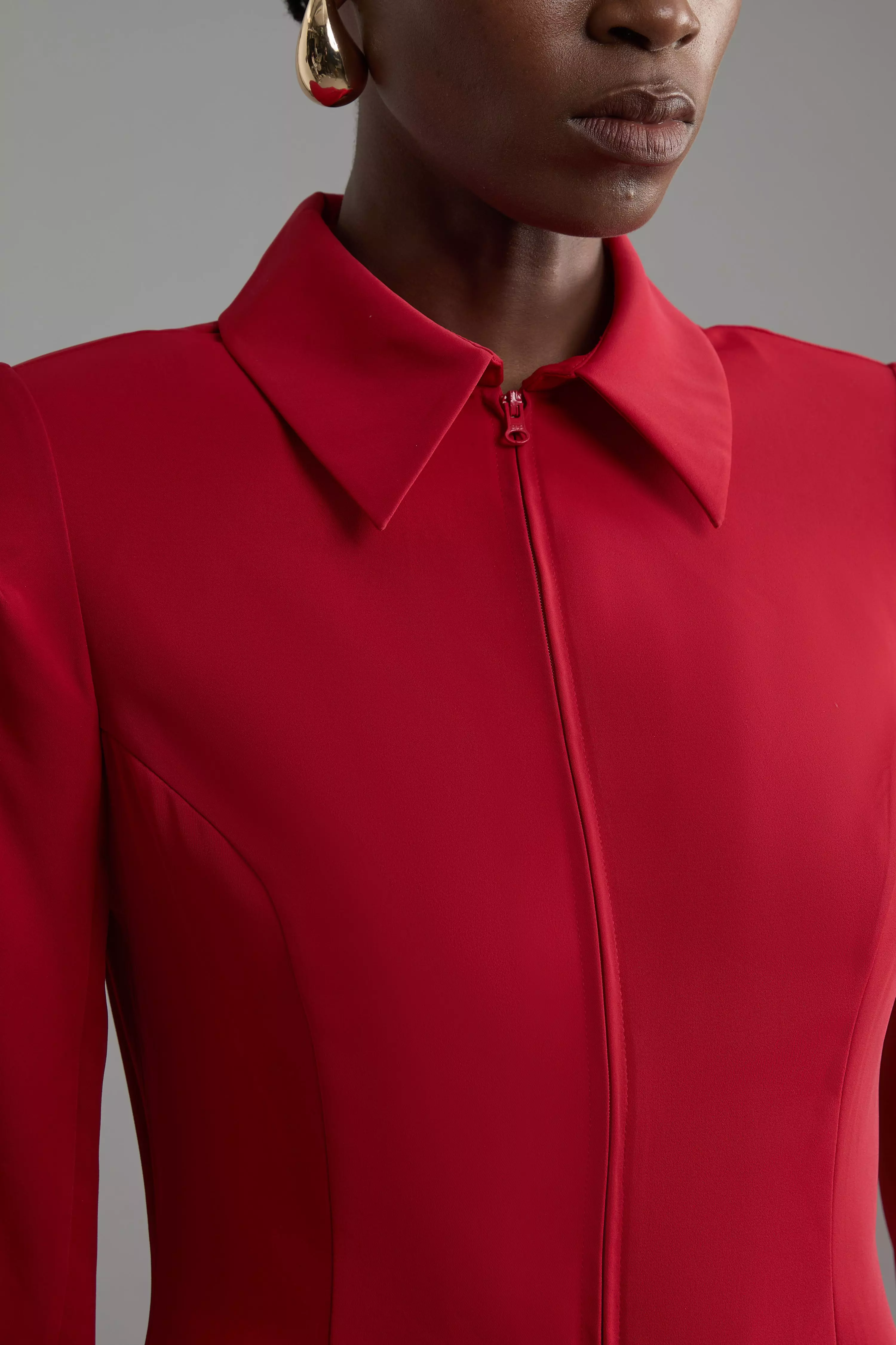 Compact Stretch Woven Shirt With Zip Detail | Karen Millen