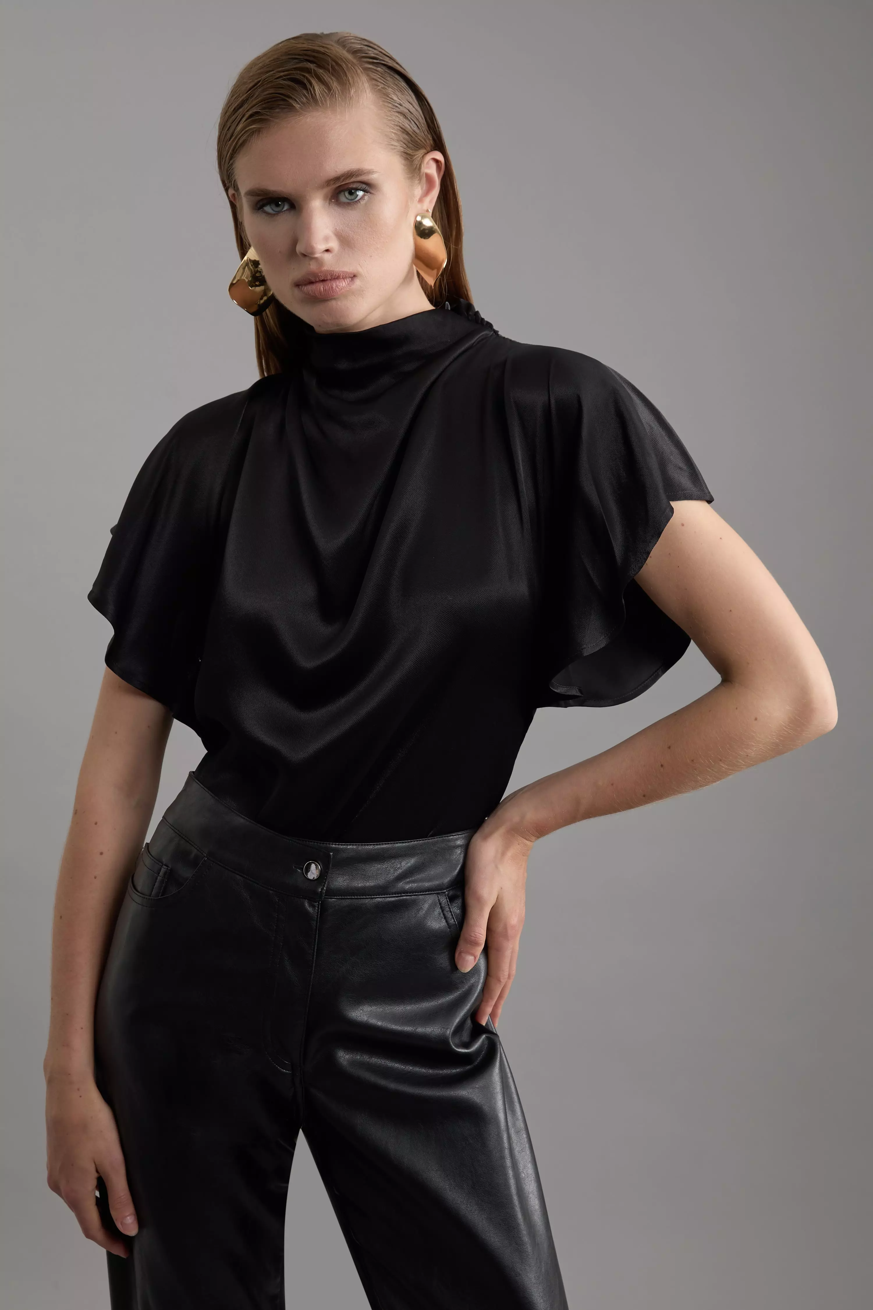 Black satin high neck top online