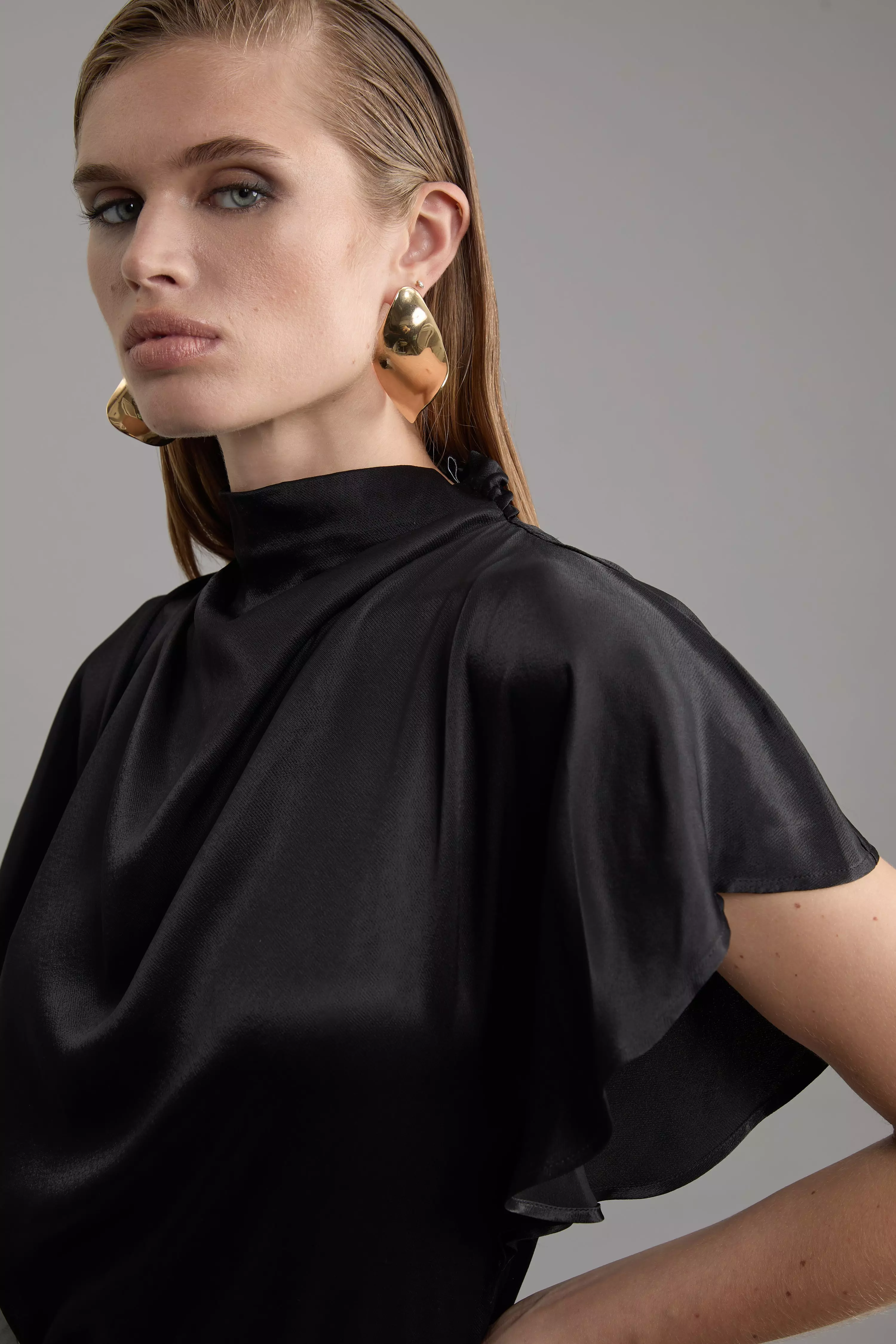 Tall Viscose Satin High Neck Woven Blouse | Karen Millen