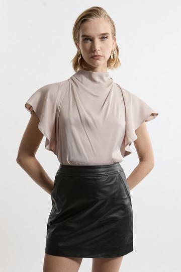 Viscose Satin High Neck Woven Blouse taupe