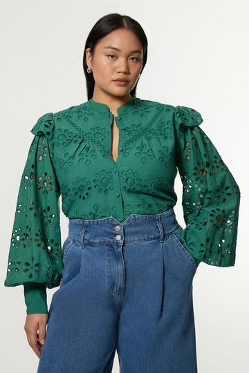 Green Plus Size Eyelet Woven Blouse With Guipure Trim