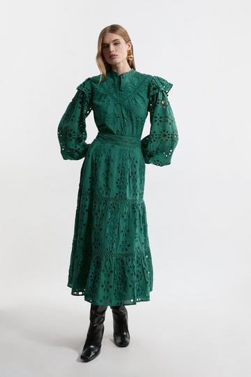 Green Eyelet Woven Midi Skirt With Guipure Trim