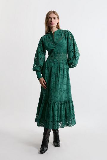 Green Eyelet Woven Midi Shirt Dress With Guipure Trim