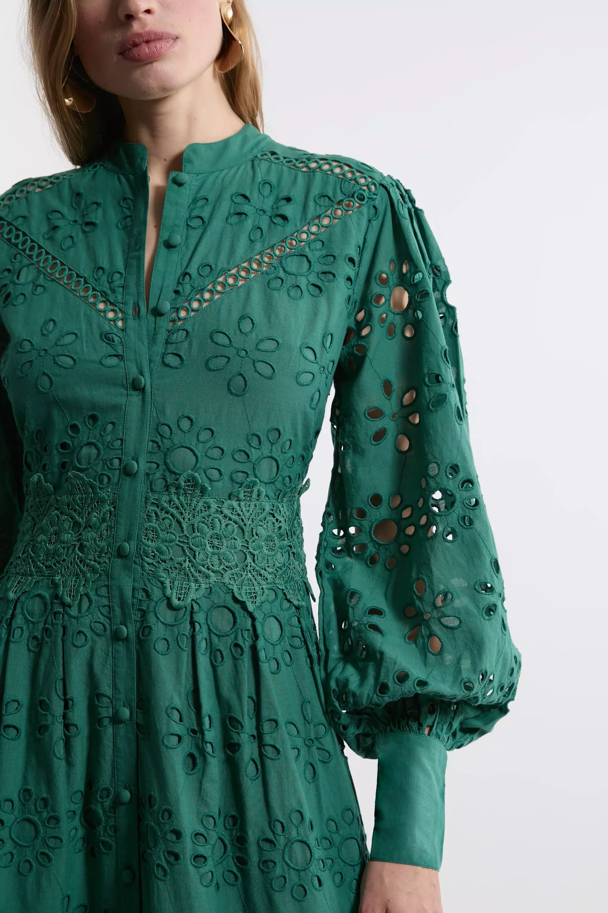 Eyelet Woven Midi Shirt Dress With Guipure Trim | Karen Millen