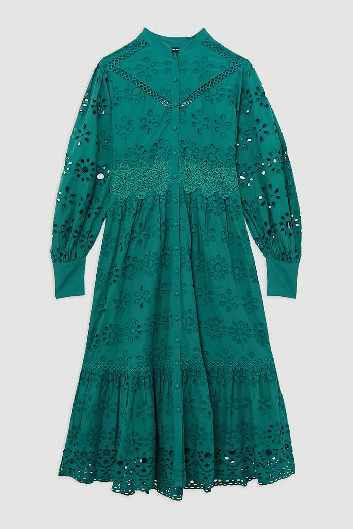 Eyelet Woven Midi Shirt Dress With Guipure Trim | Karen Millen Eyelet Woven Midi Shirt Dress With Guipure Trim | Karen Millen