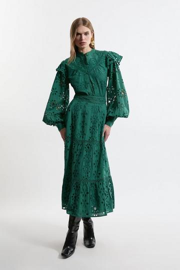 Green Tall Eyelet Woven Midi Skirt With Guipure Trim