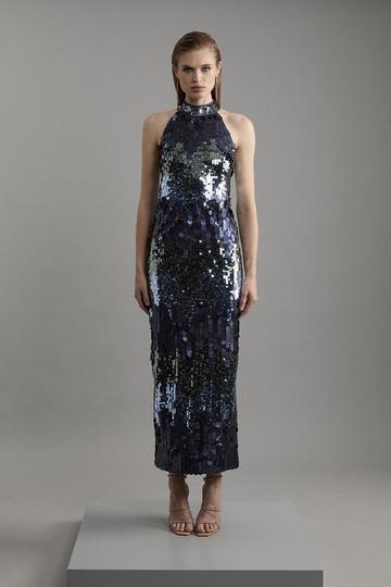 Navy Petite Sequin Halter Maxi Dress