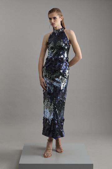 Navy Sequin Halter Maxi Dress