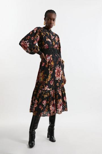 Floral Multi Printed Broderie Woven Midi Dress With Guipure Trim