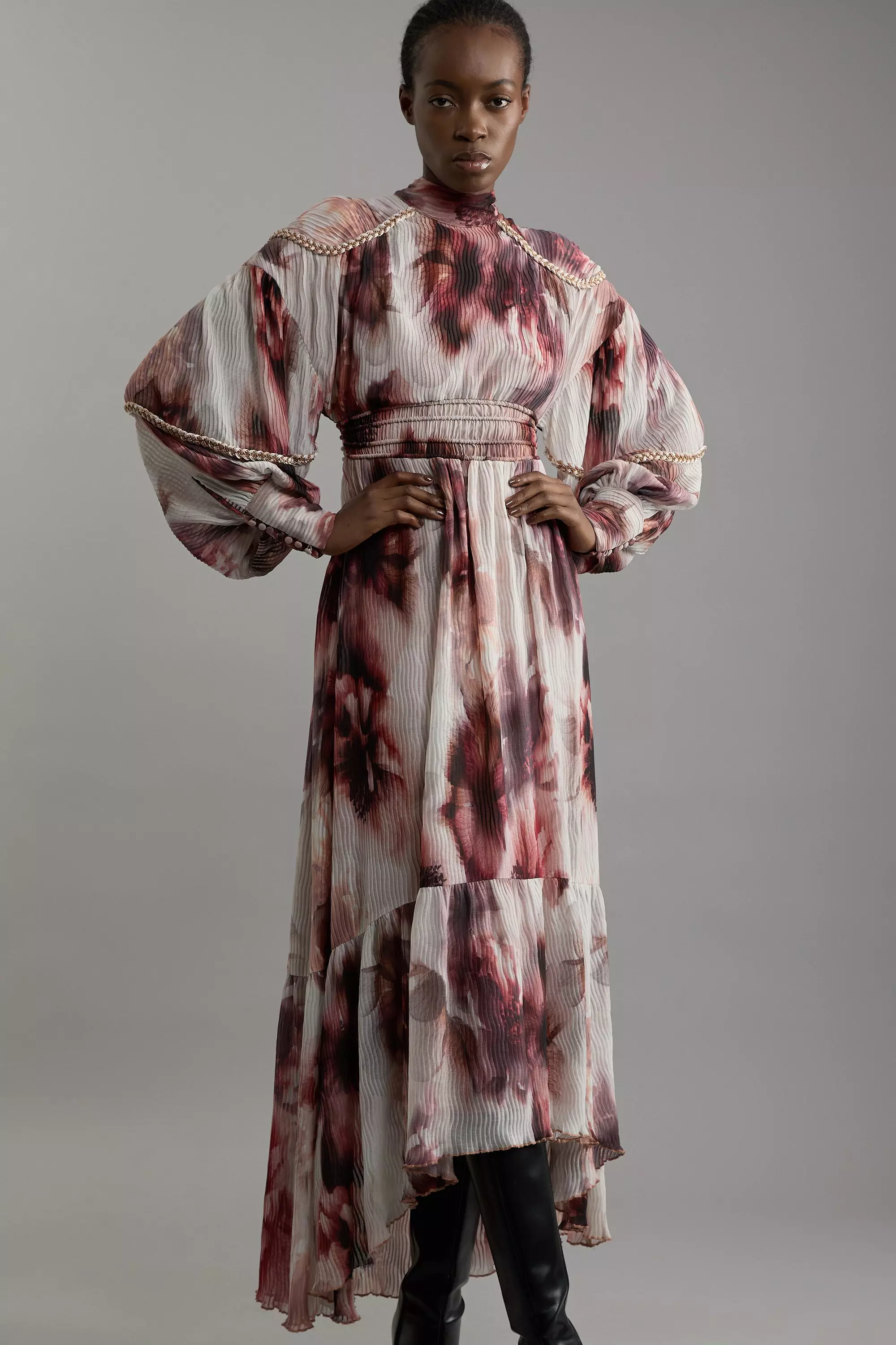 Multi Petite Crinkle Floral Woven Maxi Dress With Laced Back And Embellishment   alternative image