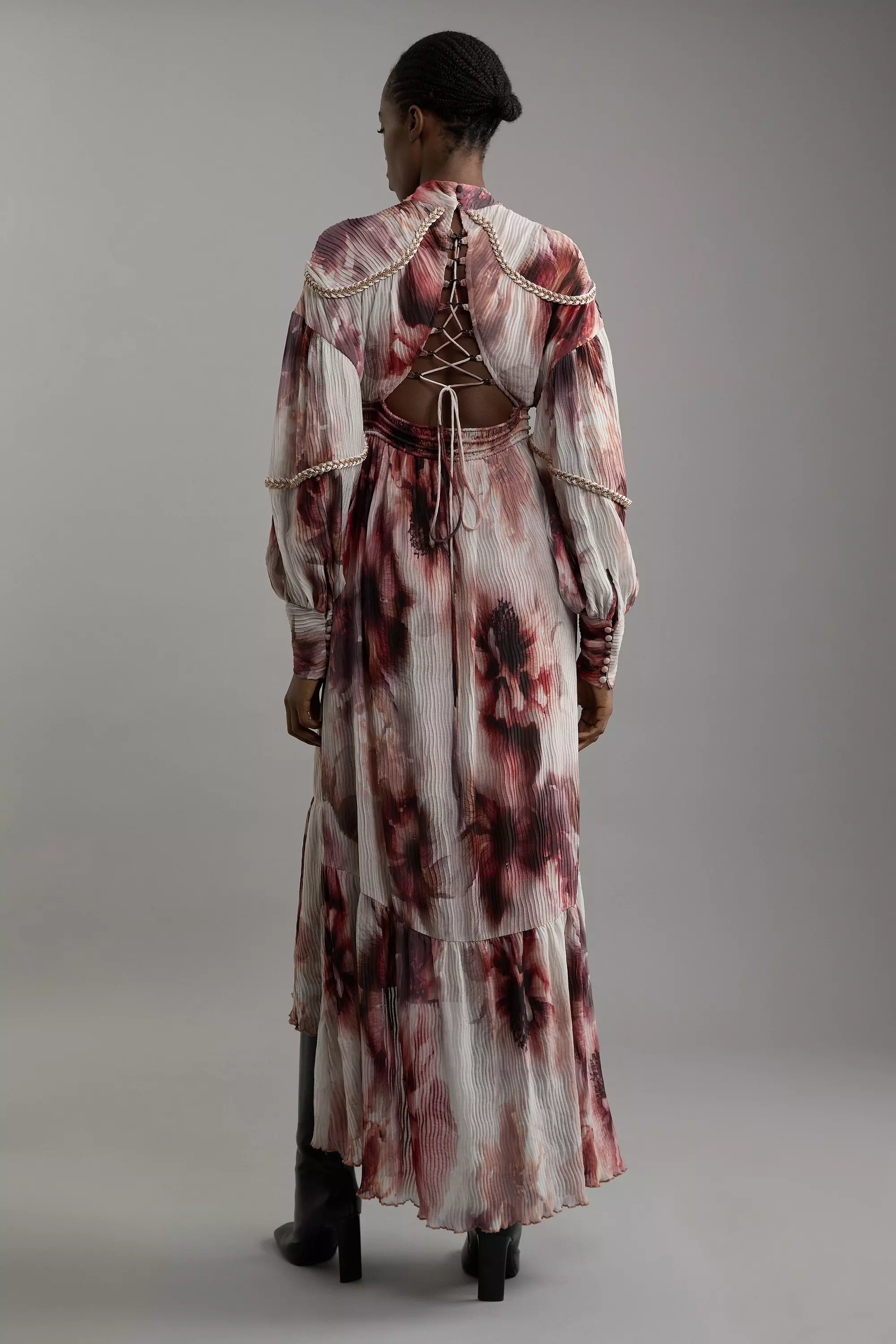 Multi Petite Crinkle Floral Woven Maxi Dress With Laced Back And Embellishment   alternative image