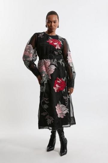 Floral Multi Plus Size Embroidered Organdie Woven Balloon Sleeve Maxi Dress With Beading