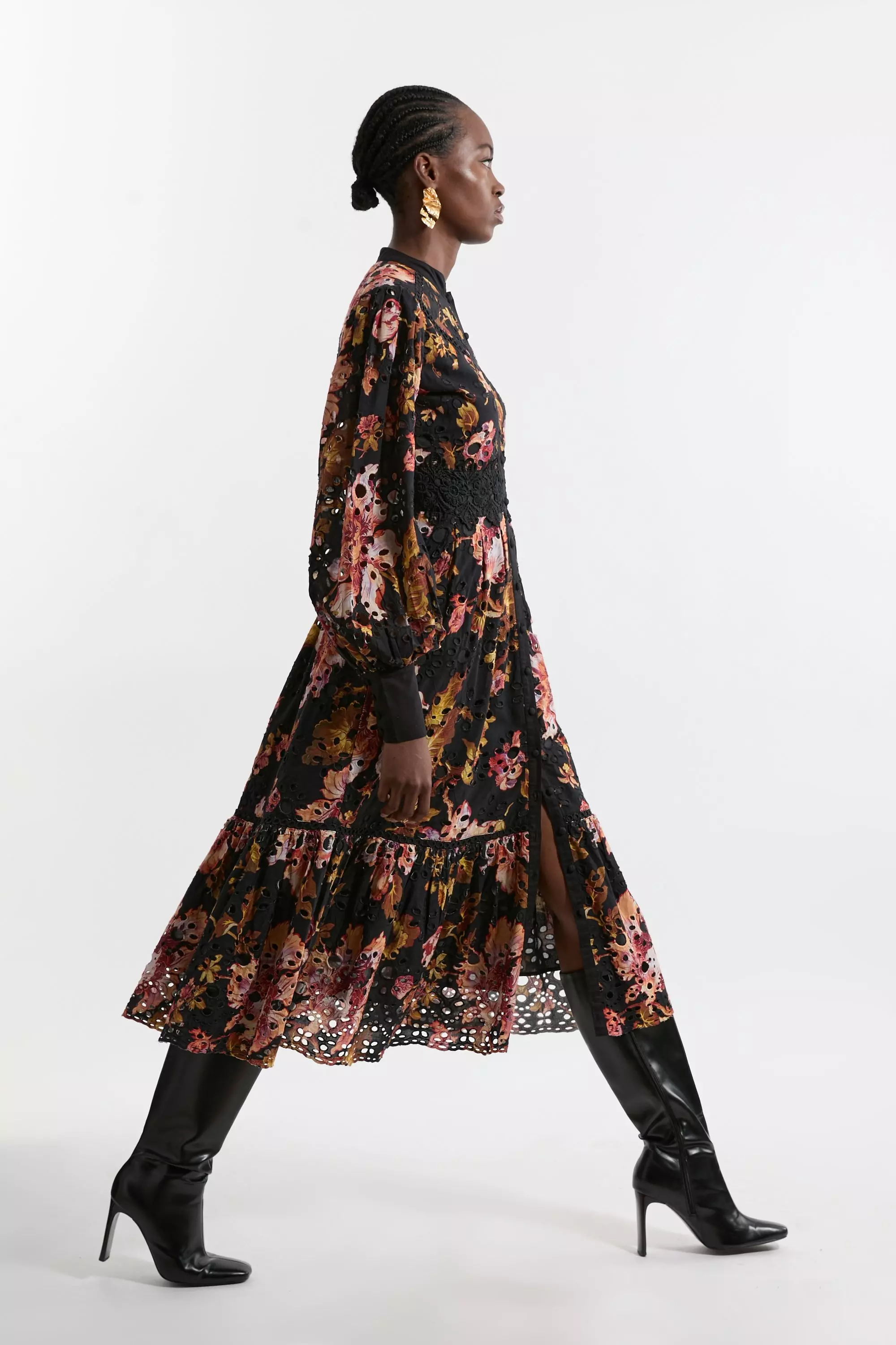 Floral Petite Printed Broderie Woven Midi Dress With Guipure Trim  alternative image