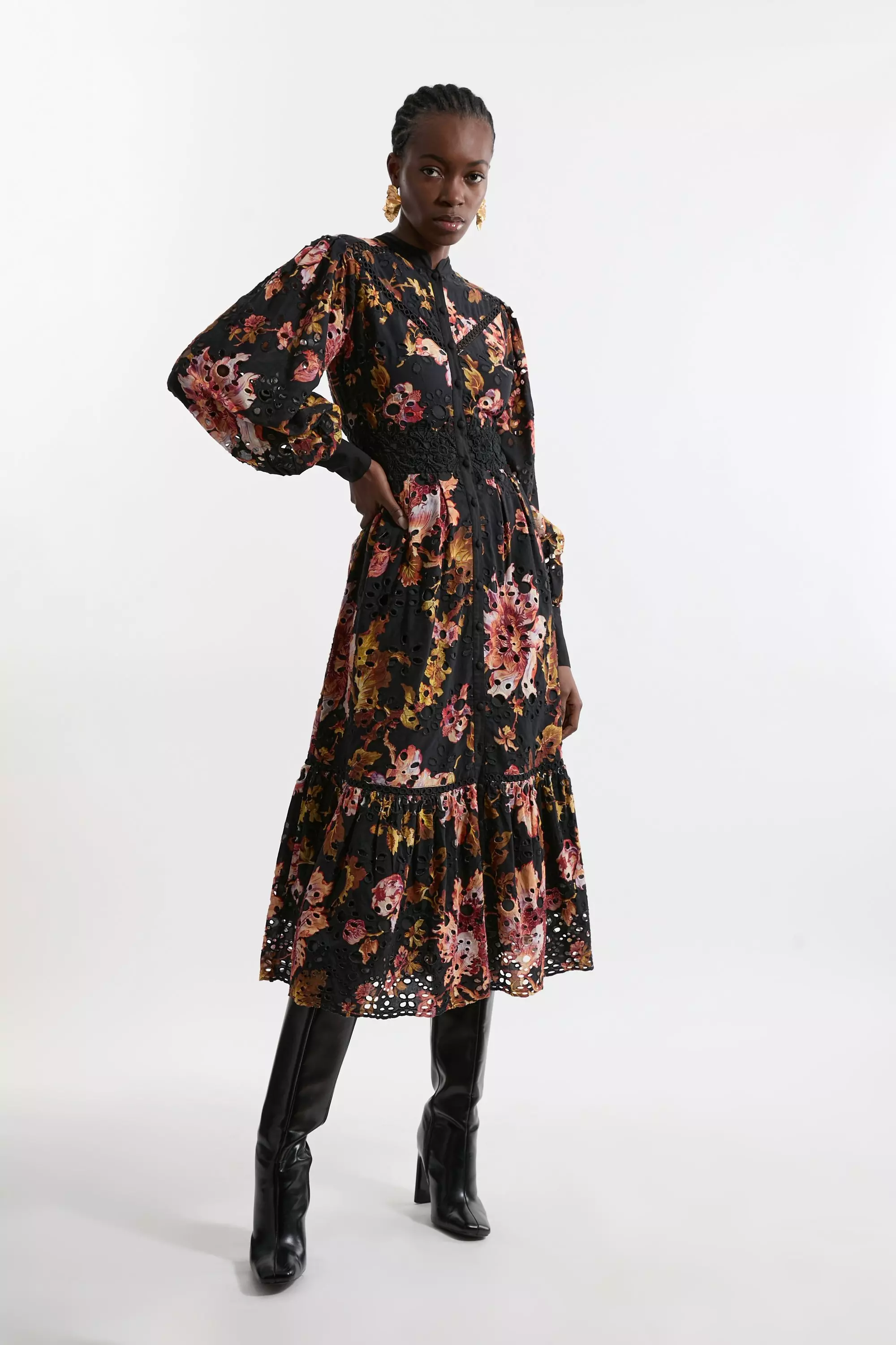 Floral Petite Printed Broderie Woven Midi Dress With Guipure Trim  alternative image