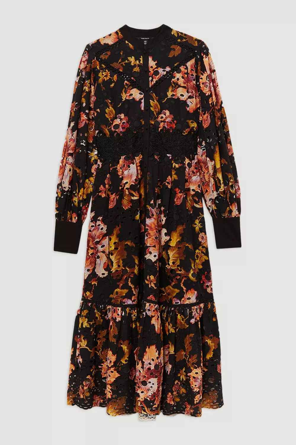 Floral Petite Printed Broderie Woven Midi Dress With Guipure Trim  alternative image