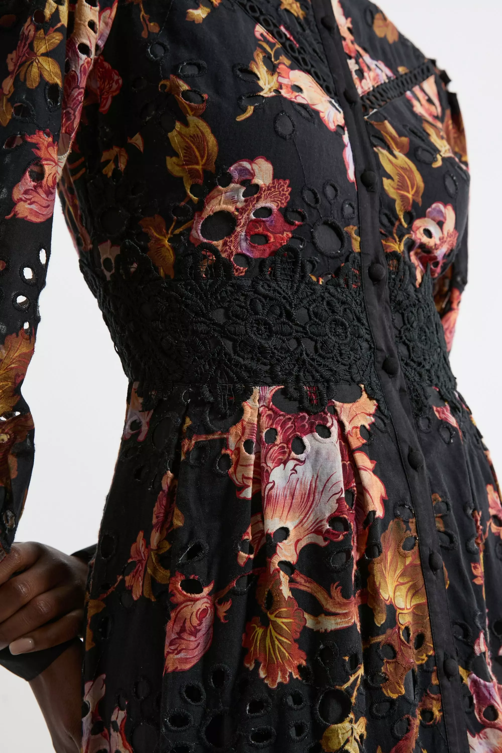 Floral Petite Printed Broderie Woven Midi Dress With Guipure Trim  alternative image