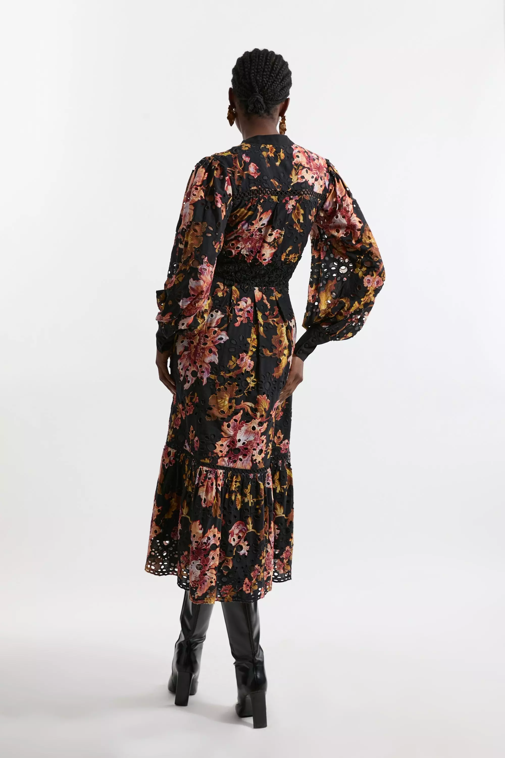Floral Petite Printed Broderie Woven Midi Dress With Guipure Trim  alternative image