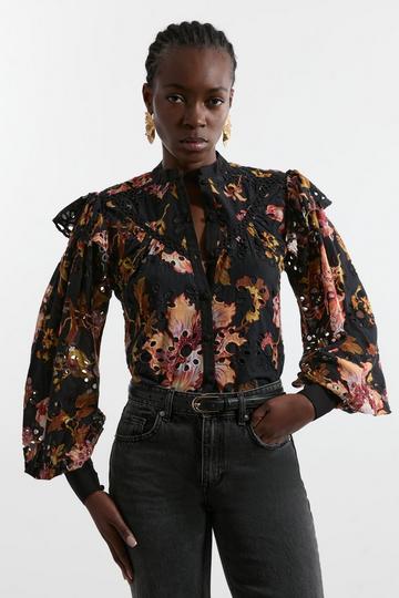 Printed Broderie Woven Blouse With Guipure Trim floral