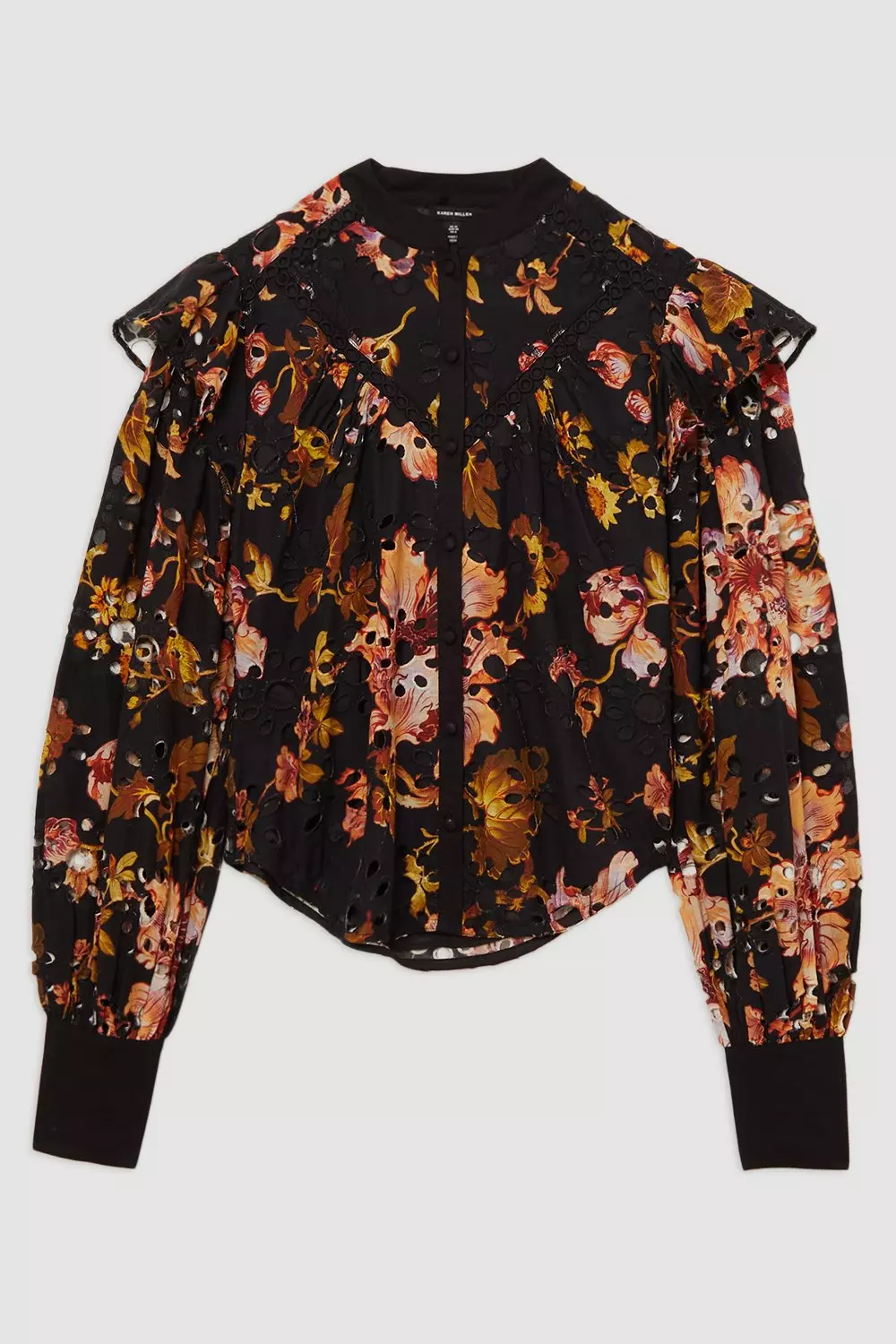 Printed Broderie Woven Blouse With Guipure Trim | Karen Millen