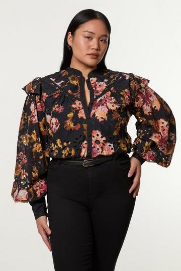 Plus Size Printed Eyelet Woven Blouse With Guipure Trim floral