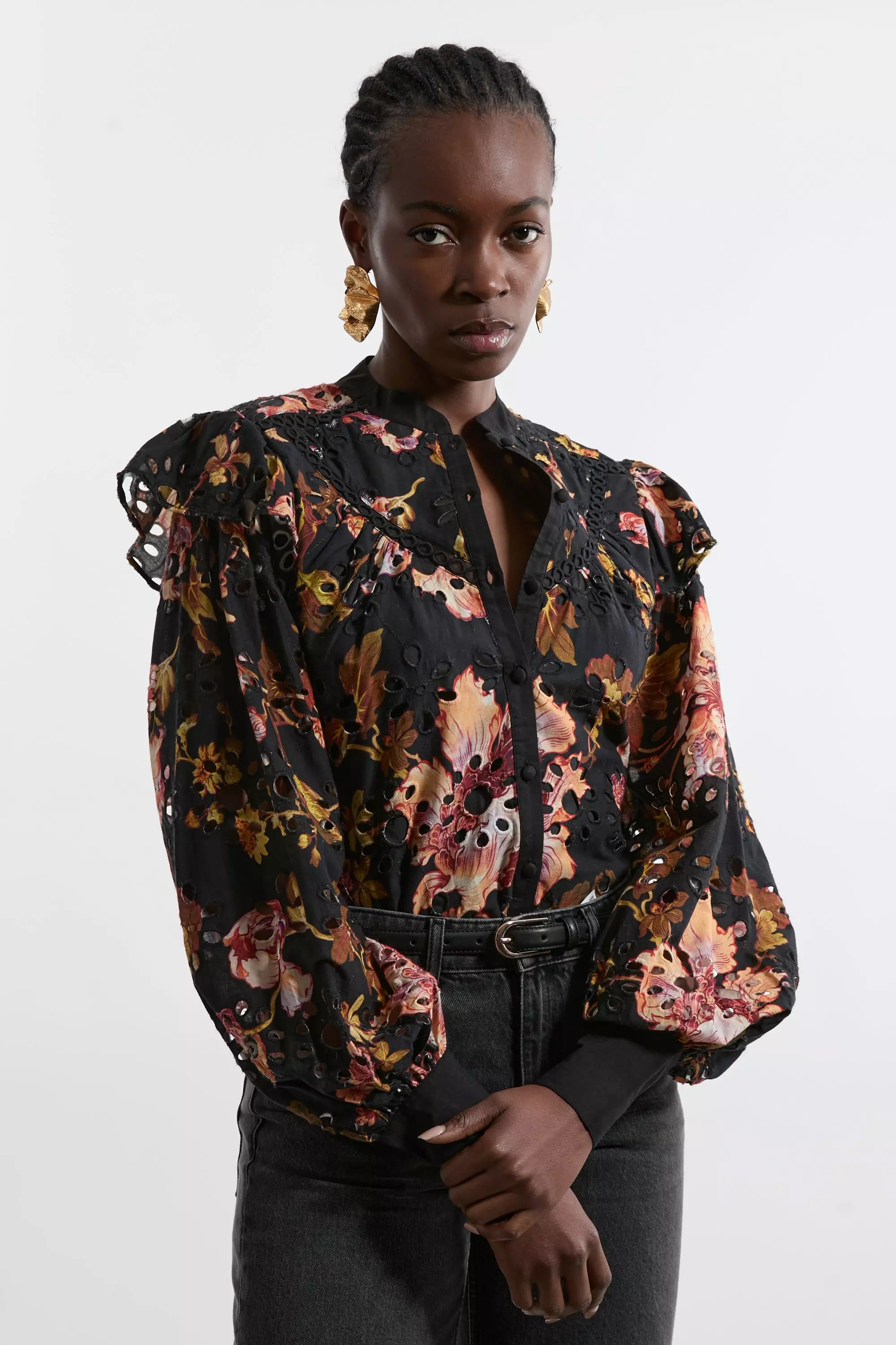 Floral Tall Printed Broderie Woven Blouse With Guipure Trim   alternative image