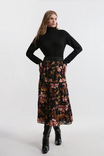 Eyelet Woven Midi Skirt With Guipure Trim floral