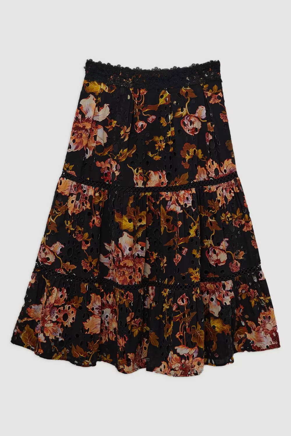 Eyelet Woven Midi Skirt With Guipure Trim | Karen Millen