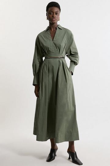 Poplin Balloon Sleeve Woven Shirt Dress khaki