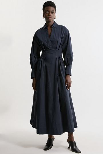 Poplin Balloon Sleeve Woven Shirt Dress navy